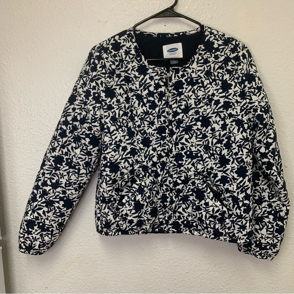 OLD NAVY Quilted Bomber Navy White Floral Zip Up Coat Women’s Size M